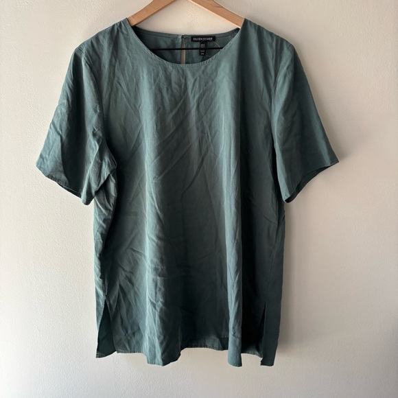 New Womens Eileen Fisher Round Neck Boxy Dragonfly Short Sleeve Top Blouse Sz L - Picture 3 of 7